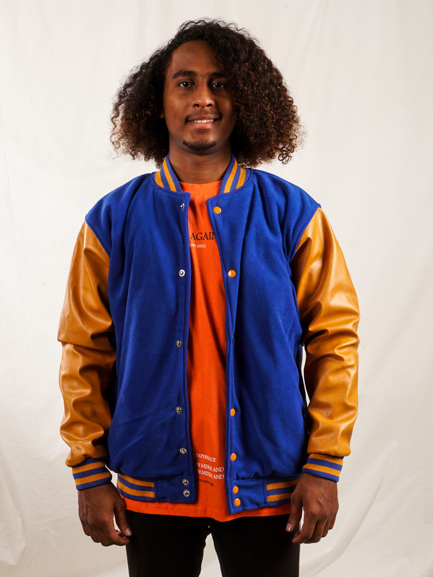 Custom Embroidered Varsity Jacket in Blue and Gold girrach