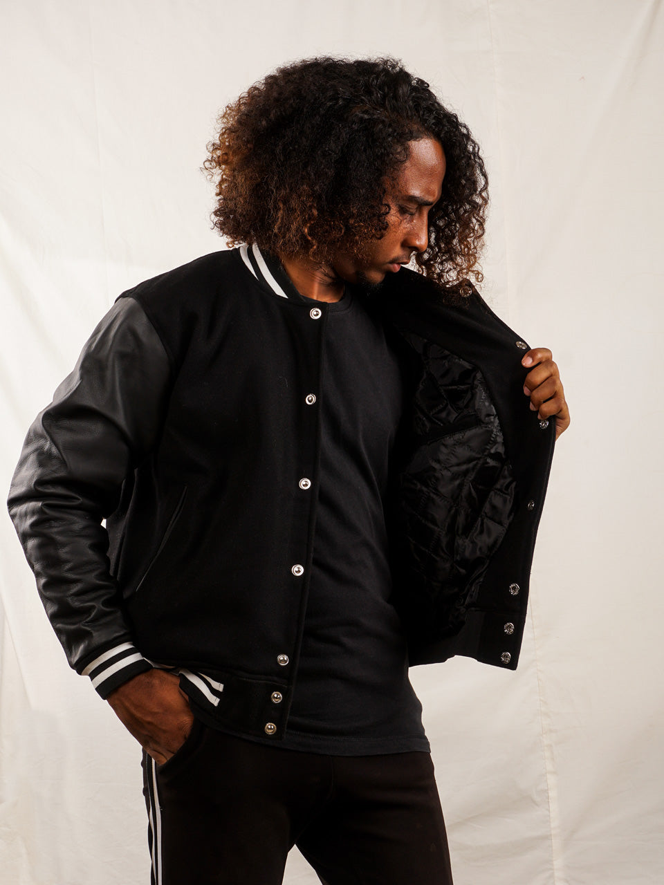 Customize Original Cowhide Leather Varsity Letterman Jacket - Black and black white borders - girrach