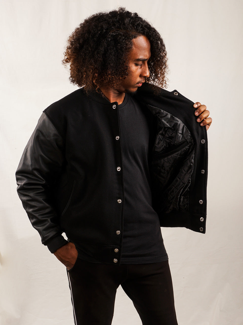 All Black Original Leather Varsity Jacket with Customize Embroidered Patches - girrach