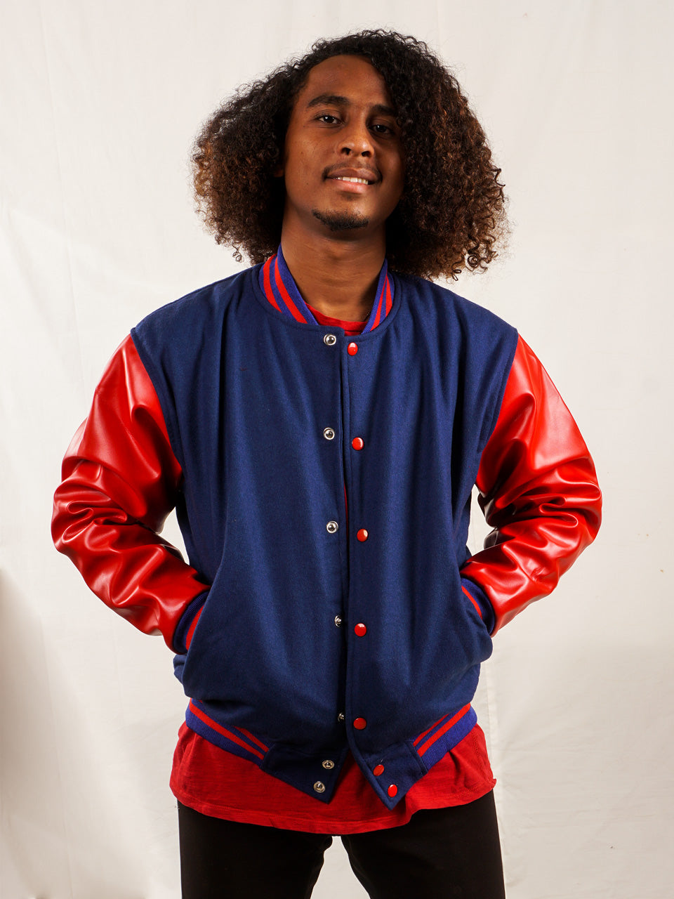 Custom Varsity Jacket with Embroidered patch - Blue and Red - girrach