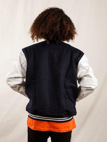 Custom Varsity Jacket with Embroidered patch - Navy and White - girrach