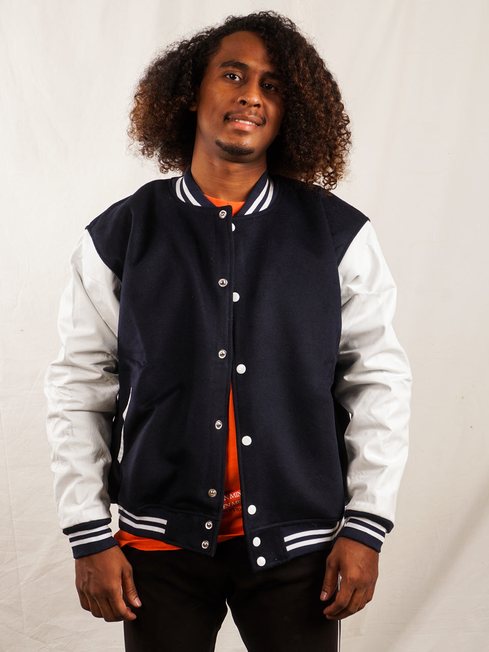 Custom Varsity Jacket with Embroidered patch - Navy and White - girrach
