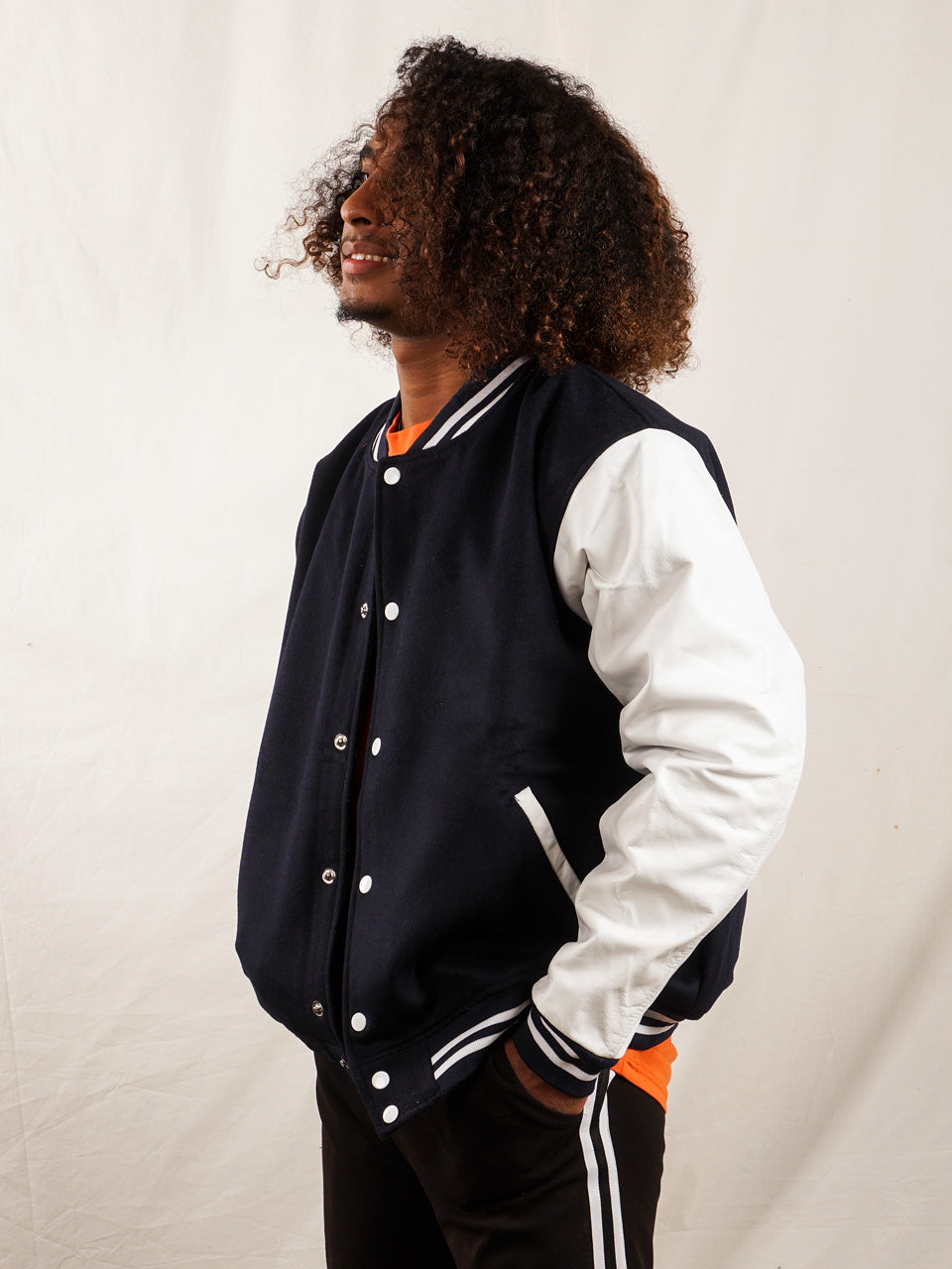 Custom Varsity Jacket with Embroidered patch - Navy and White - girrach