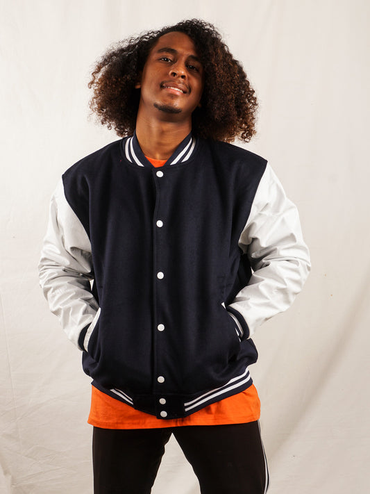 Custom Varsity Jacket with Embroidered patch - Navy and White - girrach