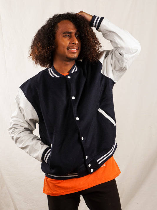 Custom Varsity Jacket with Embroidered patch - Navy and White - girrach