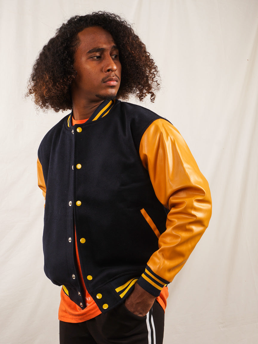 Custom Embroidered Varsity Jacket in Navy and Gold - girrach