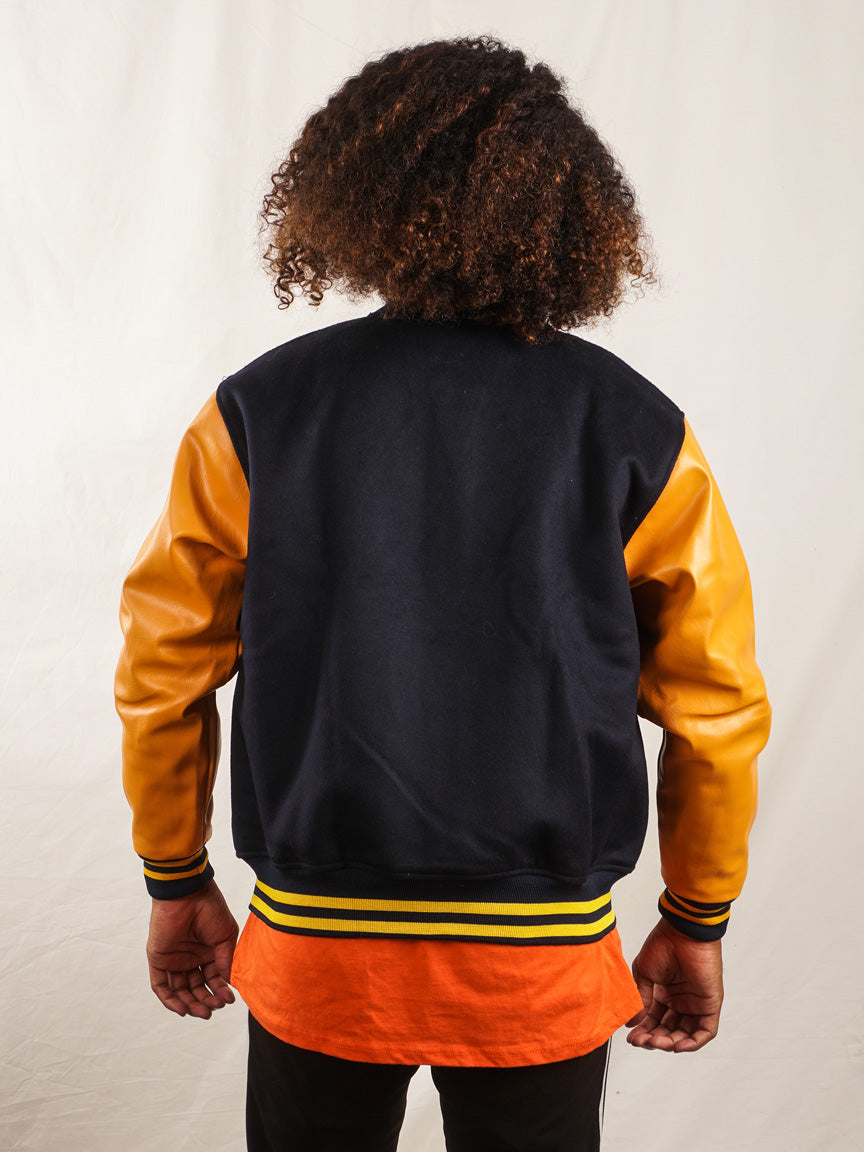 Custom Embroidered Varsity Jacket in Navy and Gold - girrach