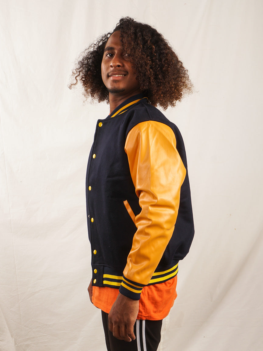 Custom Embroidered Varsity Jacket in Navy and Gold - girrach