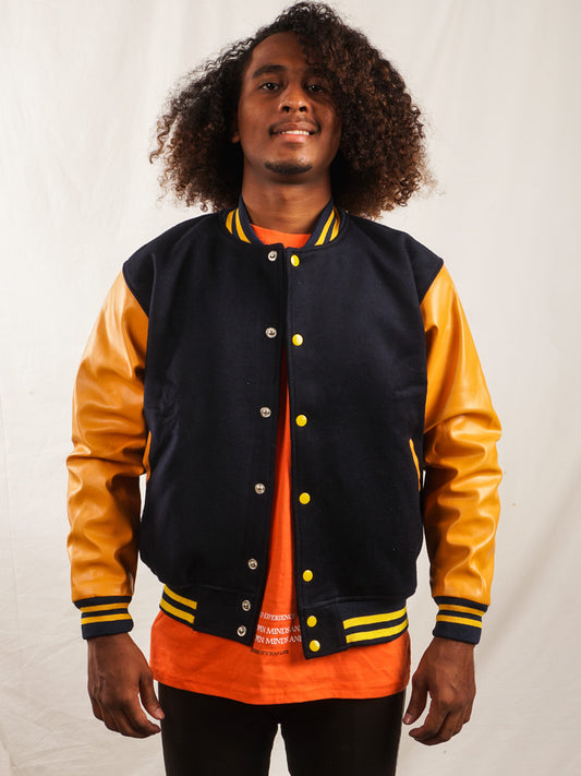 Custom Embroidered Varsity Jacket in Navy and Gold - girrach