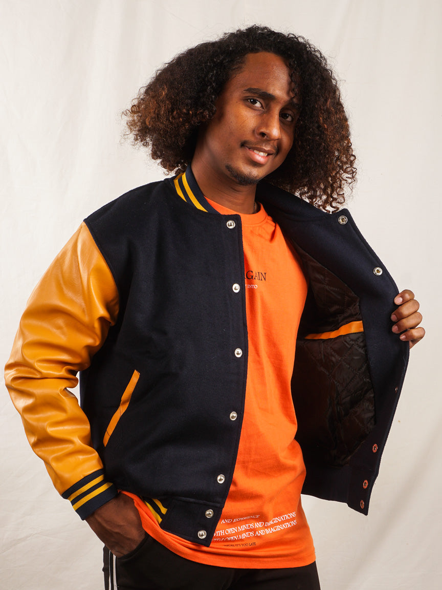 Custom Embroidered Varsity Jacket in Navy and Gold - girrach