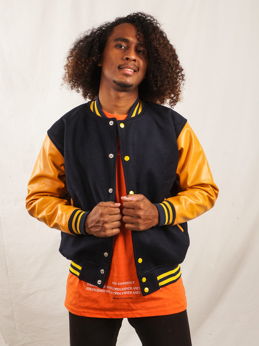 Custom Embroidered Varsity Jacket in Navy and Gold - girrach