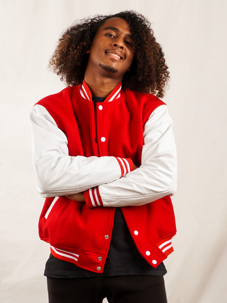 Custom Embroidered Varsity Jacket in Red and White - girrach