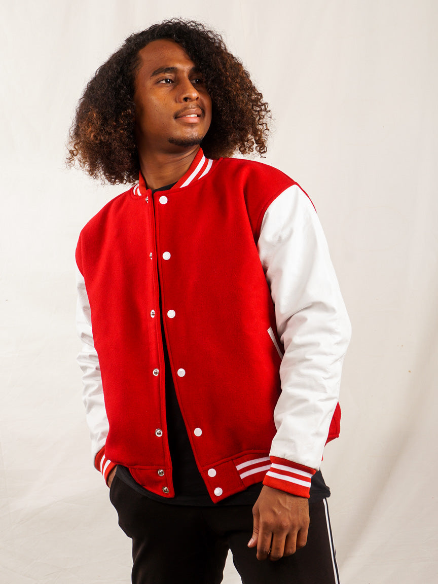 Custom Embroidered Varsity Jacket in Red and White - girrach