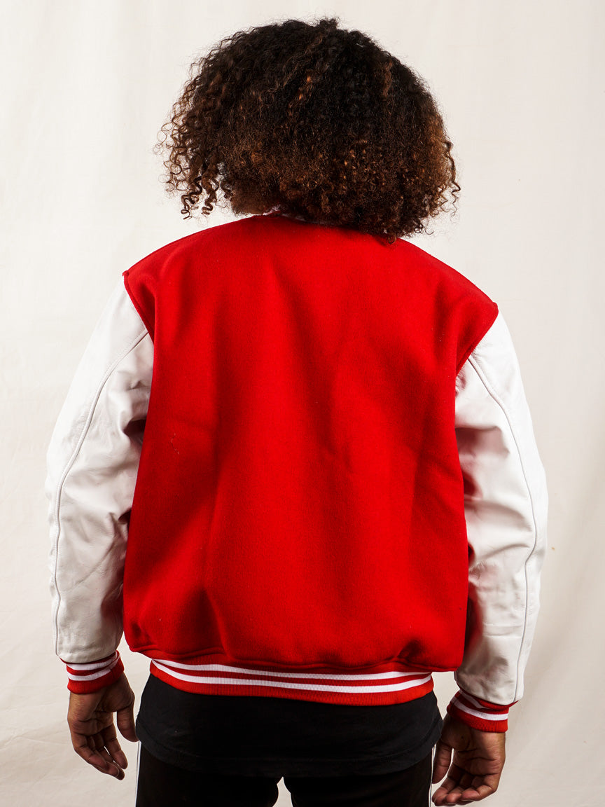 Custom Embroidered Varsity Jacket in Red and White - girrach