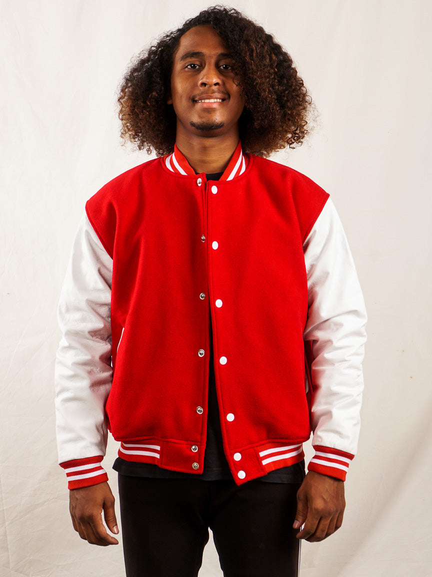 Custom Embroidered Varsity Jacket in Red and White - girrach