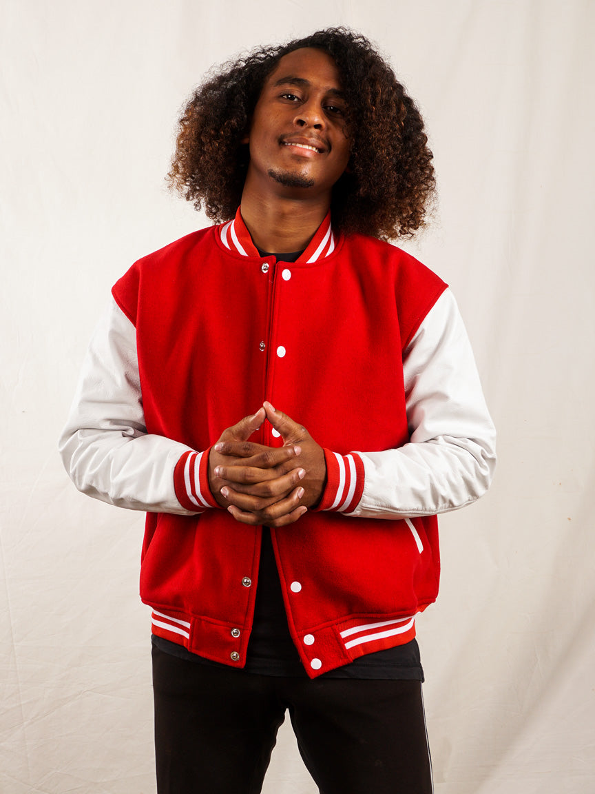 Custom Embroidered Varsity Jacket in Red and White - girrach