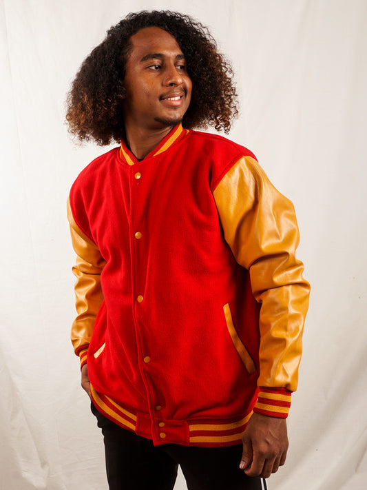 Custom Embroidered Varsity Jacket in Red and Gold 122 - girrach