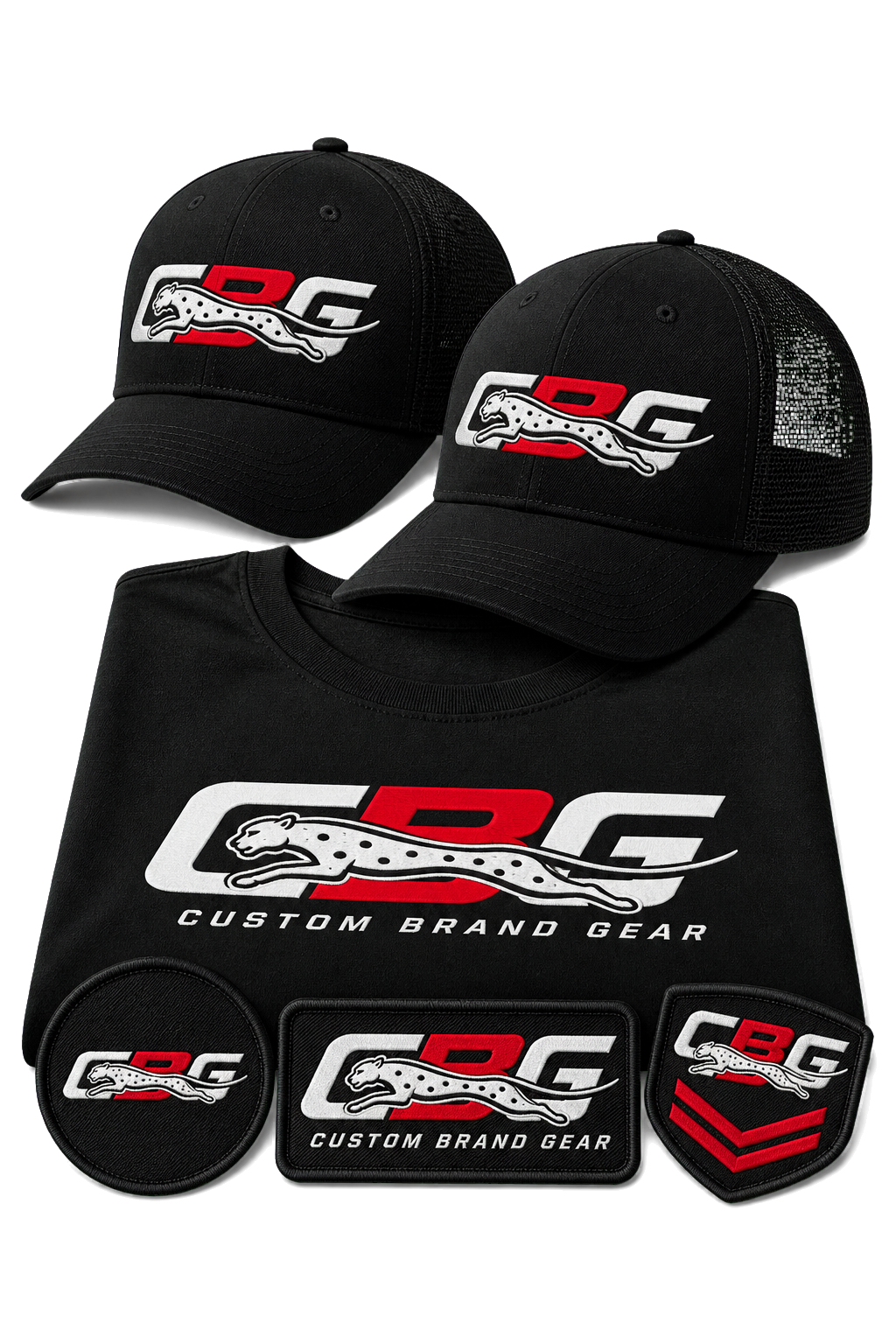 Custom Brand Gear caps, T-shirt and embroidered patches
